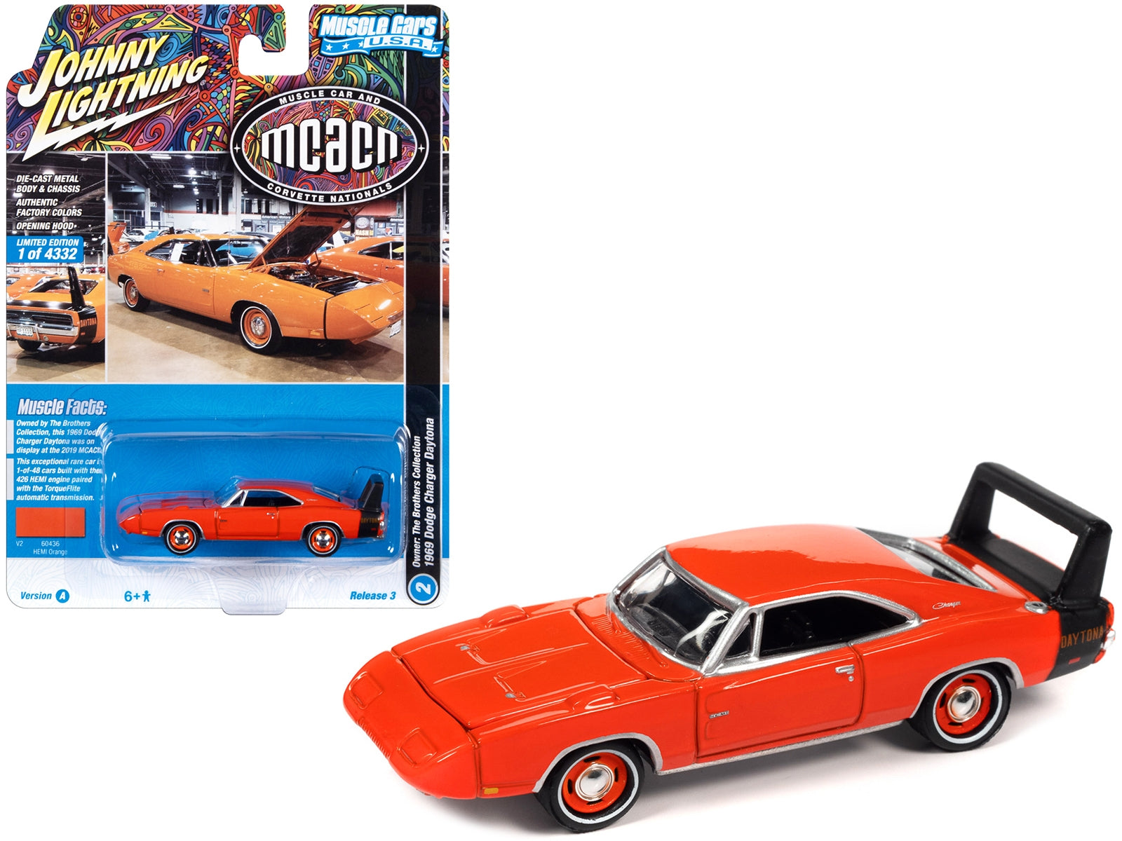 Johnny Lightning 1/64 Diecast: 1969 Dodge Charger Daytona HEMI Orange with Black Tail Stripe - Minihomy