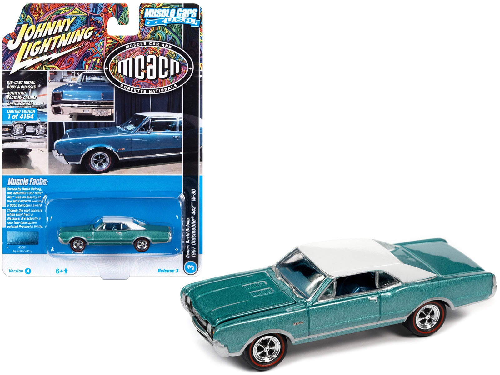 Johnny Lightning 1/64 Diecast: 1967 Oldsmobile 442 W-30 Aquamarine Metallic with White Top