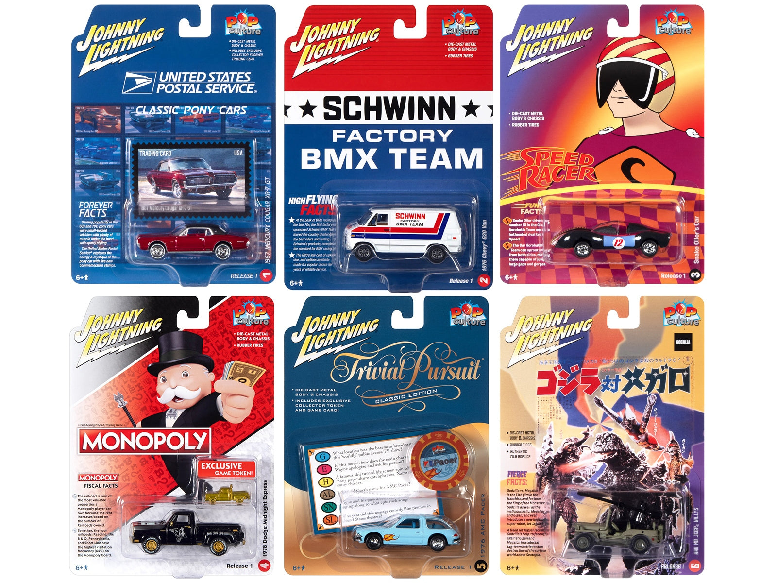 Pop Culture 2023 Set of 6 Cars Release 1 1/64 Diecast Model Cars by Johnny Lightning - Minihomy