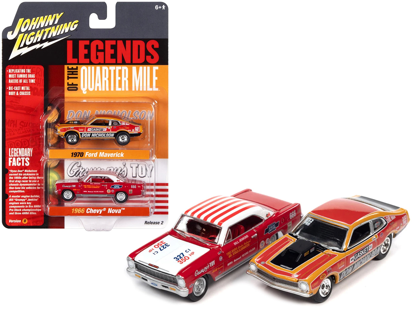 970 Ford Maverick Red Orange and Black "Dyno" Don Nicholson and 1966 Chevrolet Nova Red and White Bill - Minihomy