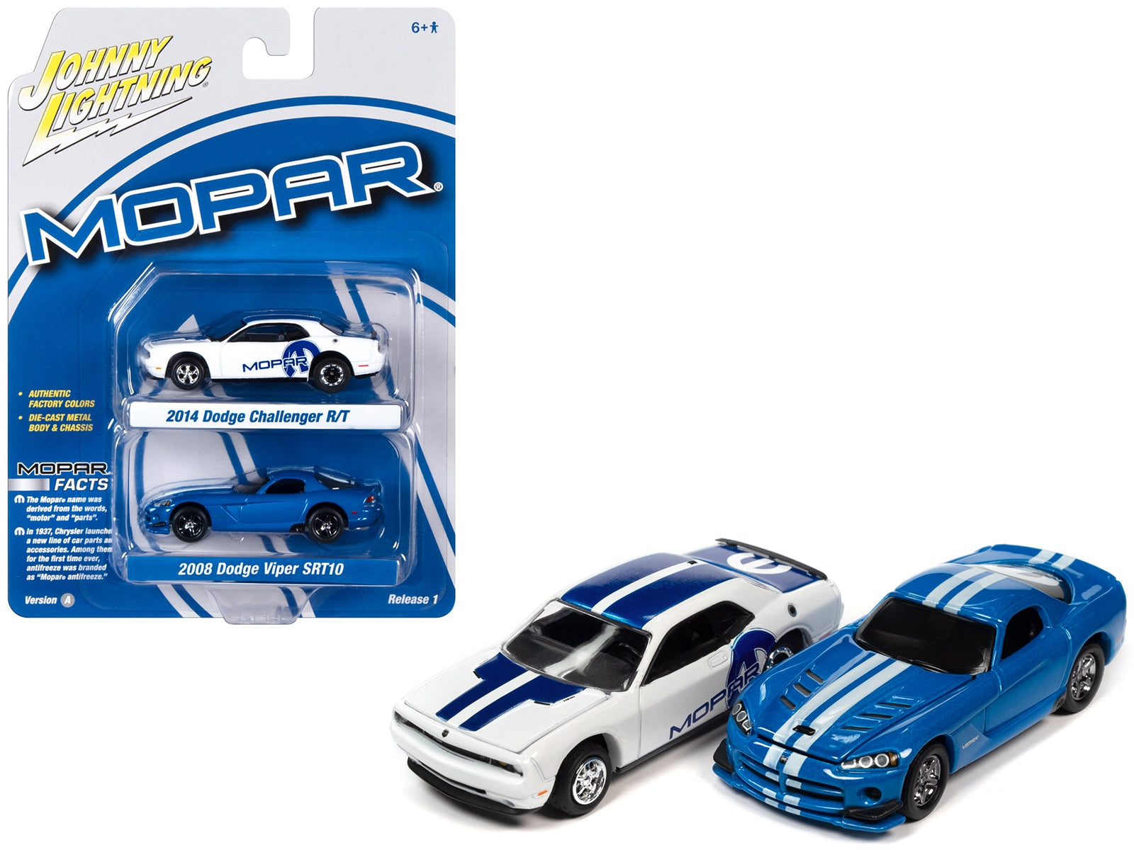 2014 Dodge Challenger R/T White with Blue Stripes and Graphics and 2008 Dodge Viper SRT10 Blue Metallic with White Stripes - Minihomy