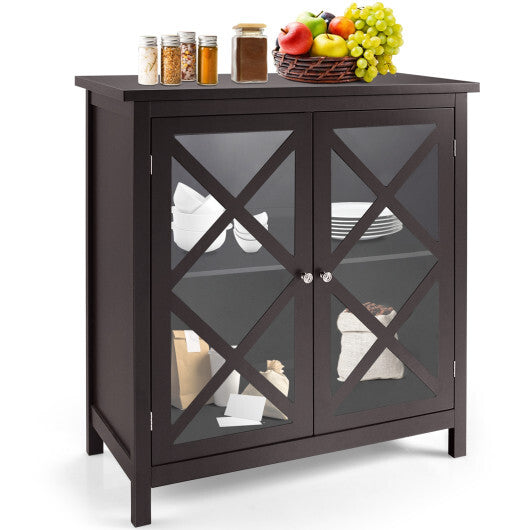 Freestanding Kitchen Buffet Cabinet with Glass Doors and Adjustable Shelf-Brown