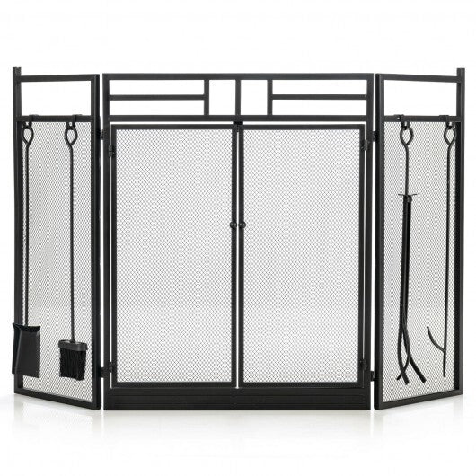 3-Panel Folding Wrought Iron Fireplace Screen with Doors and 4 Pieces Tools Set-Black - Color: Black - Minihomy