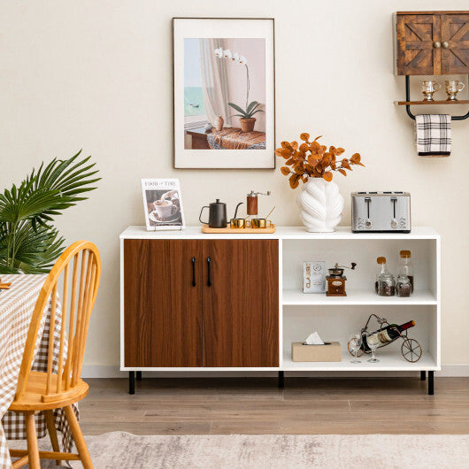 Modern Buffet Sideboard with 2 Doors and Open Compartments-Walnut