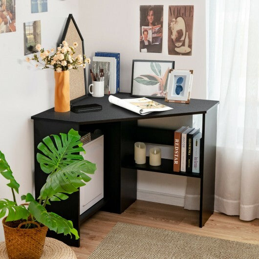 Corner Computer Desk Triangle Writing Workstation with Storage Shelf-Black - Color: Black