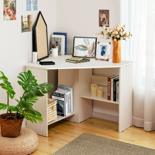 Corner Computer Desk Triangle Writing Workstation with Storage Shelf-White - Color: White