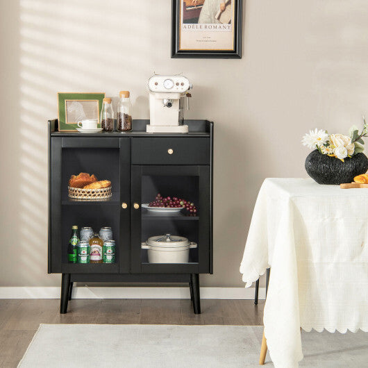 Kitchen Buffet Sideboard with 2 Tempered Glass Doors and Drawer-Black