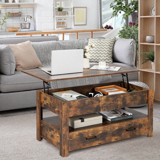 Lift Top Coffee Table with 2 Storage Drawers and Hidden Compartment-Rustic Brown