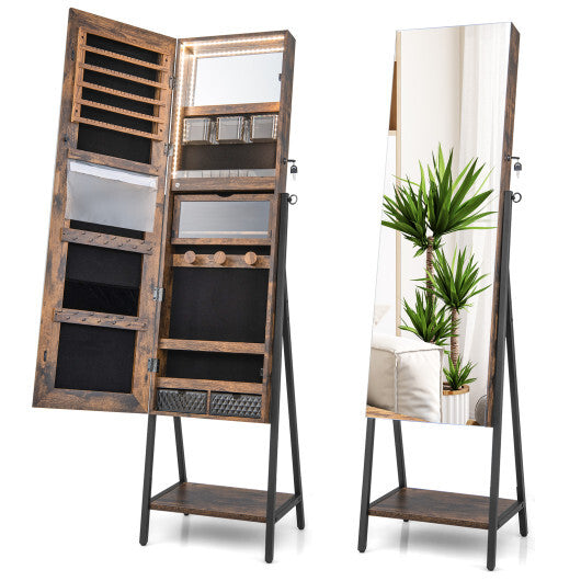 Freestanding Jewelry Cabinet with Full-Length Mirror-Rustic Brown - Minihomy