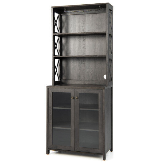 Tall Freestanding Bar Cabinet Buffet with Glass Holder and Adjustable Shelf-Gray