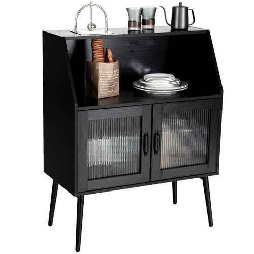 Kitchen Sideboard Buffet with Open Cubby and 2 Glass Doors-Black