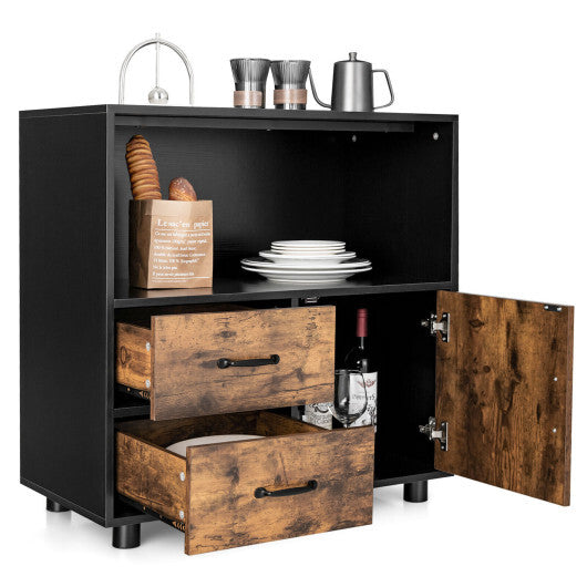 Kitchen Storage Buffet Sideboard with Wine Rack and Glass Holder-Black - Minihomy