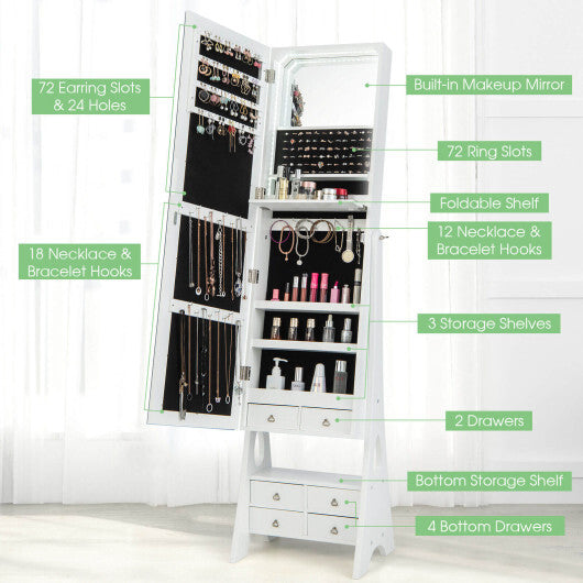 Freestanding Full Length LED Mirrored Jewelry Armoire with 6 Drawers-White - Minihomy