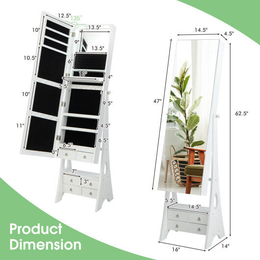 Freestanding Full Length LED Mirrored Jewelry Armoire with 6 Drawers-White - Minihomy