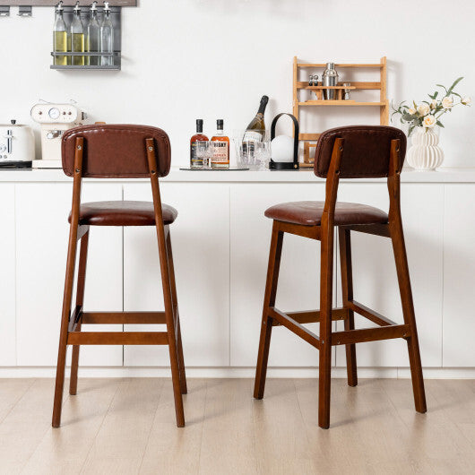 29 Inch Upholstered PU Bar Stools with Rubber Wood Legs-Set of 2