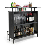 4-Tier Liquor Bar Table with 6 Glass Holders and Metal Footrest - Black