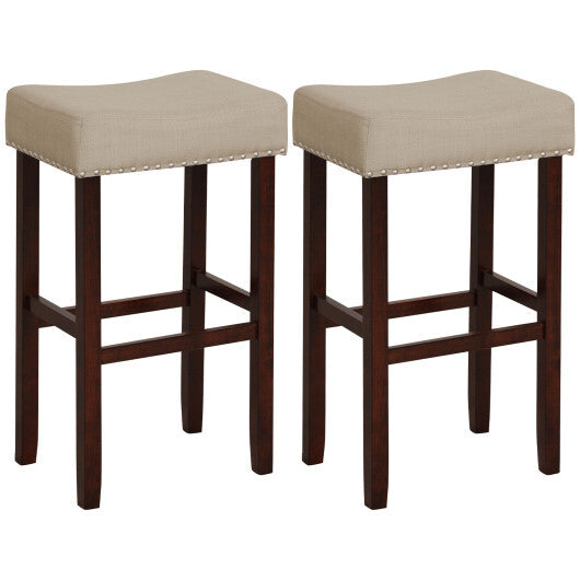 2 Set of 29 Inch Height Upholstered Bar Stool with Solid Rubber Wood Legs and Footrest-Beige - Color: Beige
