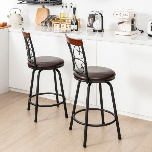 2 Pieces 24-30 Inch Adjustable PU Cushioned Swivel Barstools-Brown