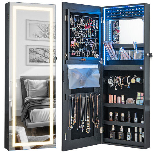 42.5 Inches Lockable Jewelry Mirror Wall Cabinet with 3-Color LED Lights-Black