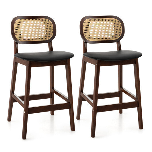 Wood Bar Chairs with PE Rattan Backrest  Padded Seat and Footrest-Brown