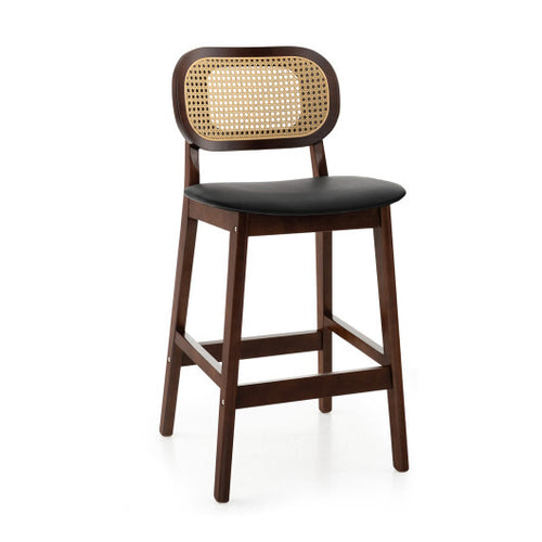 Wood Bar Chairs with PE Rattan Backrest  Padded Seat and Footrest-Brown