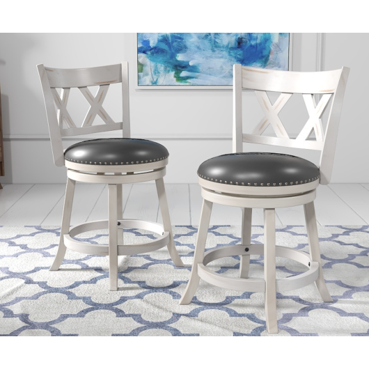 25.5 Inch Hand-Antiqued Stool Set of 2 with Wider Padded Seat-White