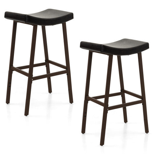 Bar Stools Set of 2 with PU Leather Upholstered Saddle Seat and Footrest-Brown