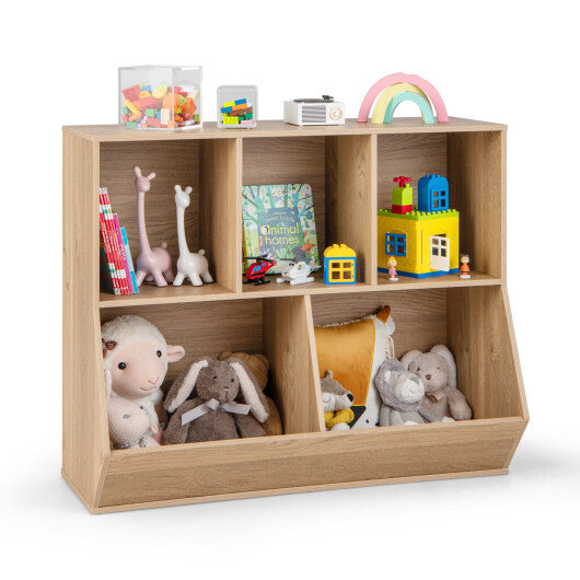 5-Cube Wooden Kids Toy Storage Organizer with Anti-Tipping Kits-Natural - Color: Natural