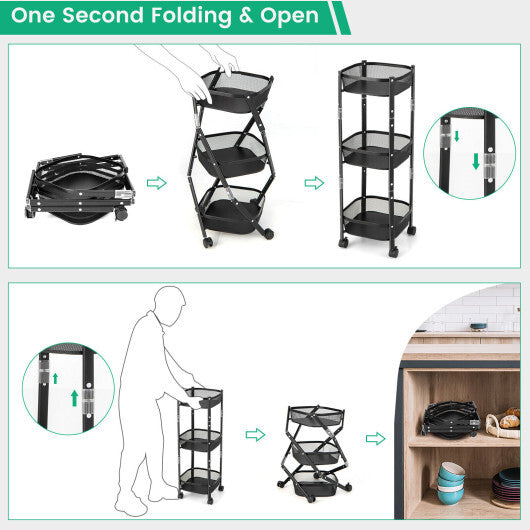 3-Tier Rotating 1-Second folding Storage Rack Metal-Round - Minihomy