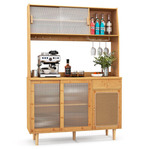 69 Inch Wine Bar Kitchen Cabinet with Sliding Tempered Glass and Rattan Door-Natural