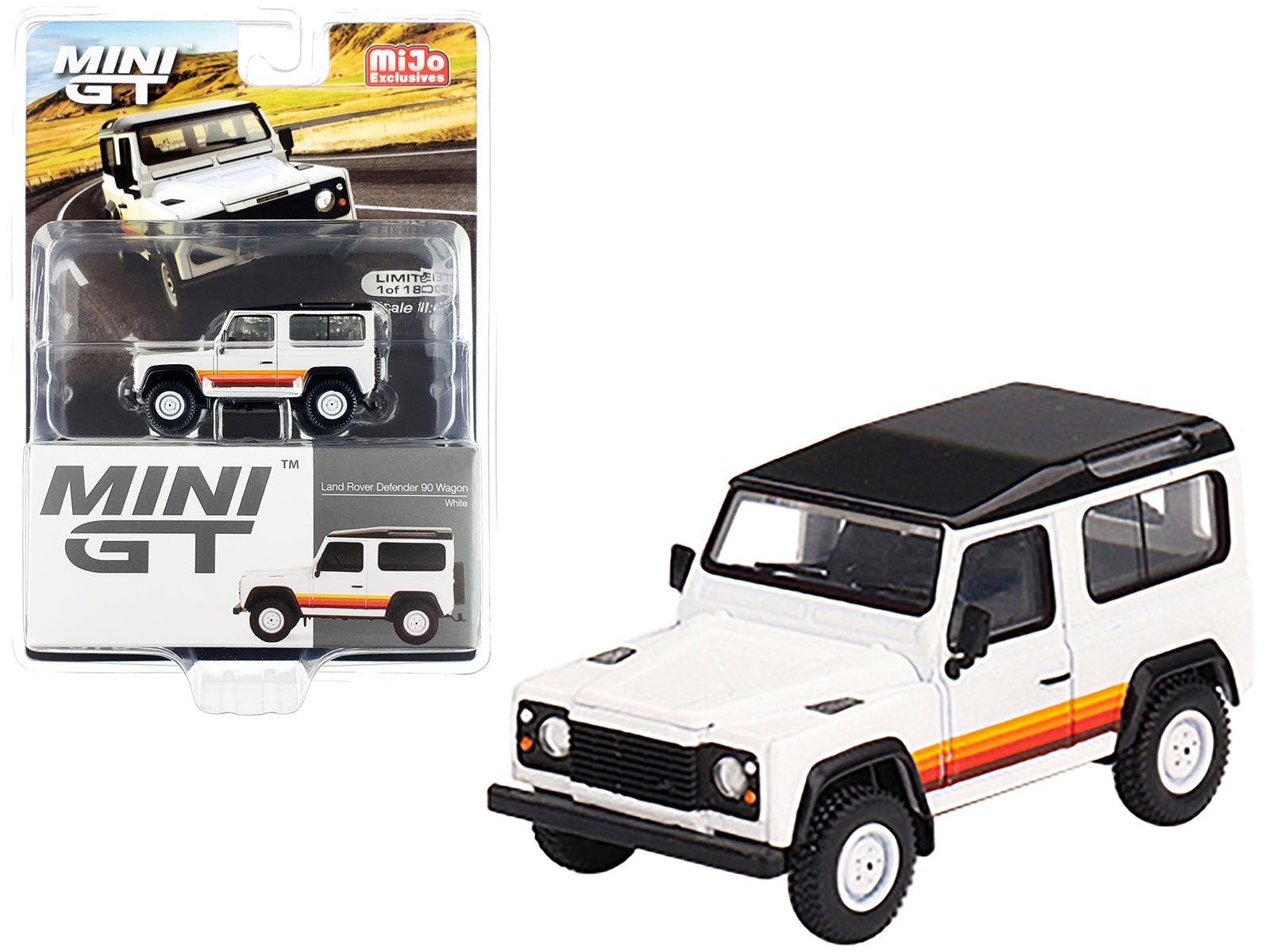 Land Rover Defender 90 Wagon White with Black Top and Stripes Limited Edition to 1800 pieces Worldwide 1/64 Diecast Model Car by True Scale Miniatures - Minihomy