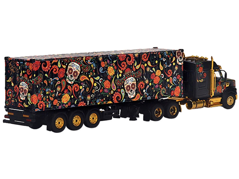 Western Star 49X with 40 Ft Container "Dia de los Muertos" (Day of the Dead) Black with Graphics 1/64 Diecast Model by True Scale Miniatures