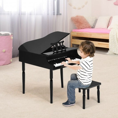 30-Key Wood Toy Kids Grand Piano with Bench & Music Rack-Black - Color: Black