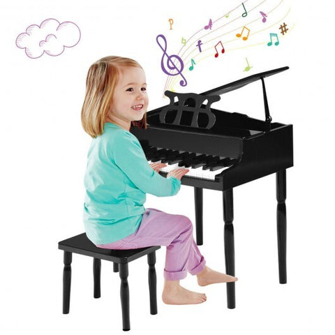30-Key Wood Toy Kids Grand Piano with Bench & Music Rack-Black - Color: Black