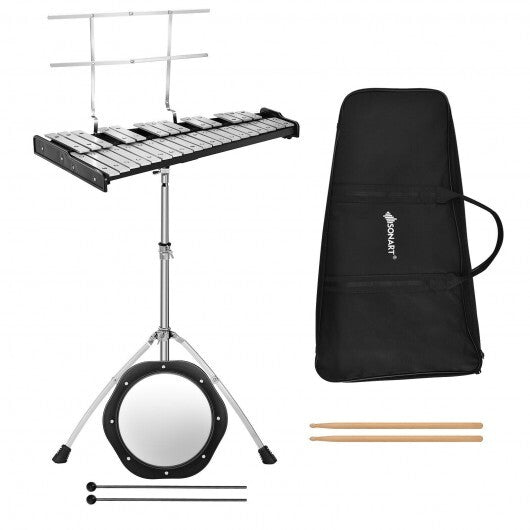 32 Note Glockenspiel Xylophone Percussion Bell Kit with Adjustable Stand - Color: Black - Minihomy