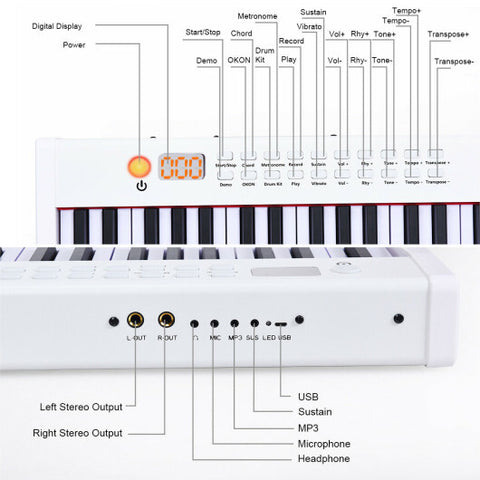 88-Key Portable Full-Size Semi-weighted Digital Piano Keyboard-White - Color: White