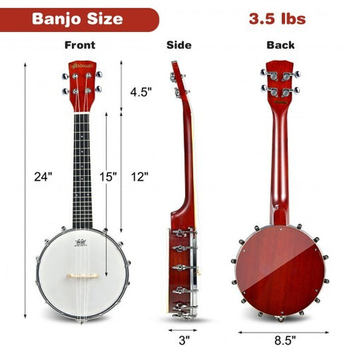 24 Inch Sonart 4-String Banjo Ukulele with Remo Drumhead and Gig Bag - Color: Red