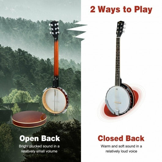 39 Inch Sonart Full Size 6 string 24 Bracket Professional Banjo Instrument with Open Back - Color: Black - Minihomy