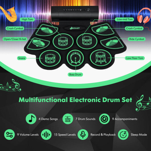 Electronic Drum Set with 2 Build-in Stereo Speakers for Kids-Green - Color: Green - Minihomy