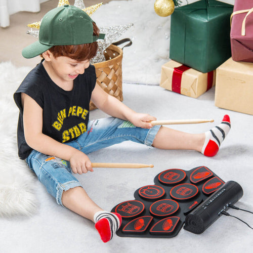 Electronic Drum Set with 2 Build-in Stereo Speakers for Kids-Red - Color: Red