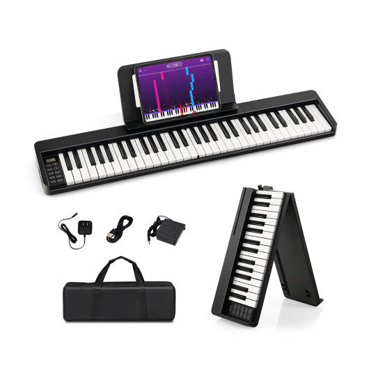 61-Key Folding Piano Keyboard with Full Size Keys and Music Stand-Black - Color: Black - Minihomy