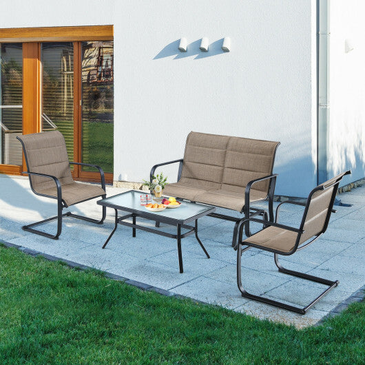 4 Pieces Outdoor Patio Furniture Set with Padded Glider Loveseat and Coffee Table-Brown