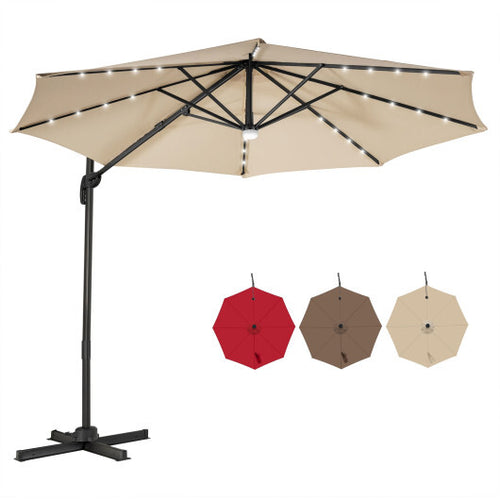 10 Feet 28LED Lighted Cantilever Solar Umbrella with Crossed Base-Beige - Color: Beige - Size: 10 ft