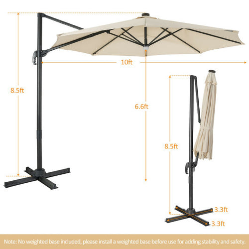 10 Feet 28LED Lighted Cantilever Solar Umbrella with Crossed Base-Beige - Color: Beige - Size: 10 ft