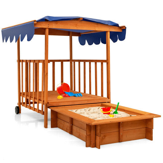 Kids Outdoor Wooden Retractable Sandbox with Cover and Built-in Wheels-Natural - Color: Natural