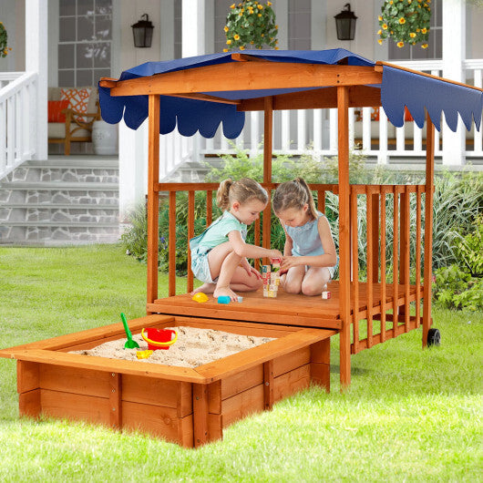 Kids Outdoor Wooden Retractable Sandbox with Cover and Built-in Wheels-Natural - Color: Natural