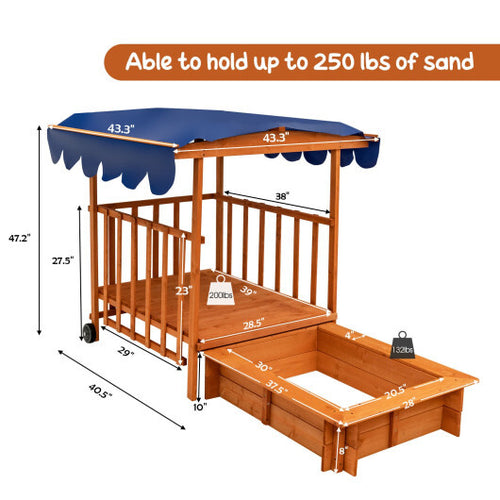 Kids Outdoor Wooden Retractable Sandbox with Cover and Built-in Wheels-Natural