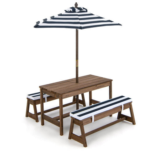 Kids Picnic Table and Bench Set with Cushions and Height Adjustable Umbrella-Blue - Color: Blue