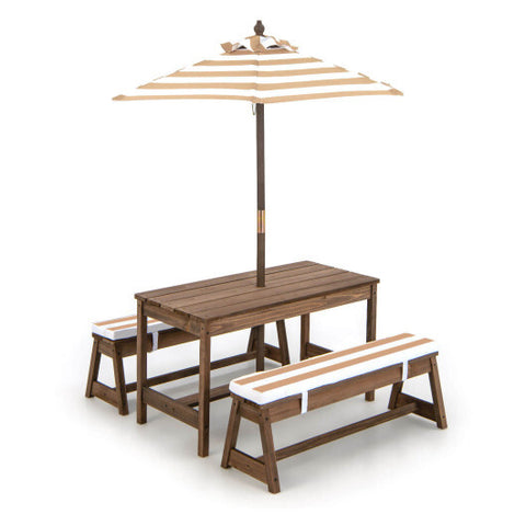 Kids Picnic Table and Bench Set with Cushions and Height Adjustable Umbrella-Brown - Color: Brown