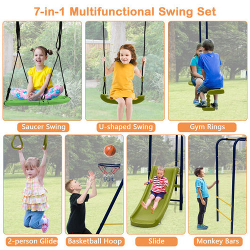7-in-1 Stable A-shaped Outdoor Swing Set for Backyard - Color: Blue